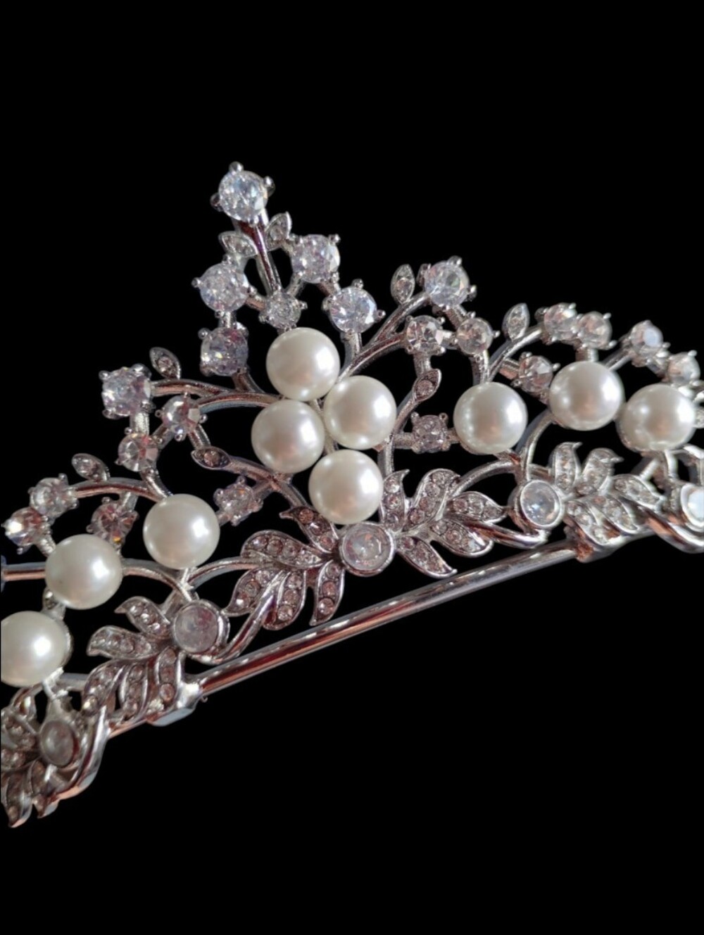 Pearl and Crystal Silver-Tone Floral Tiara - White Pearls